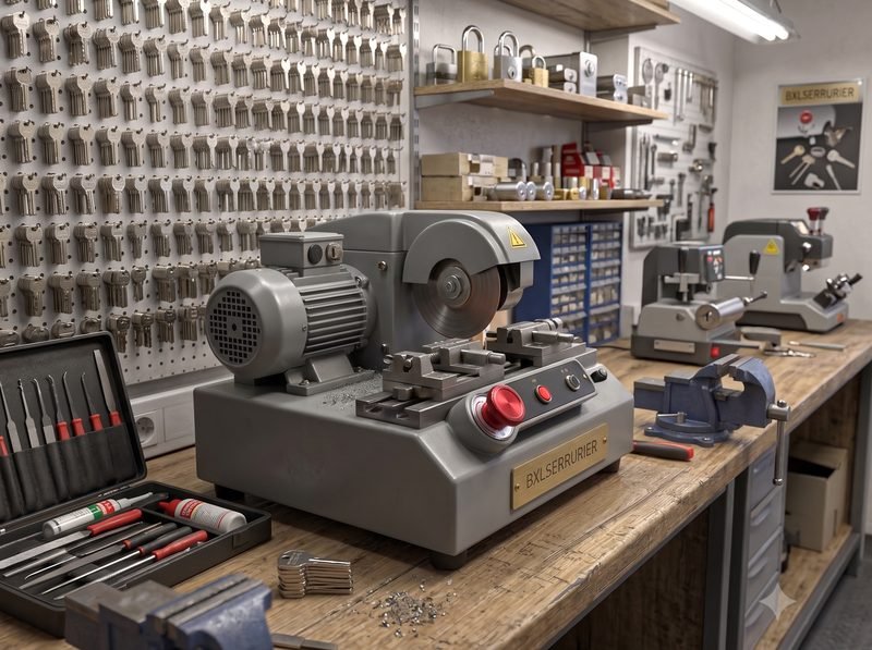 Atelier de reproduction de clés d'un serrurier à Bruxelles : machine à tailler et mur de clés vierges